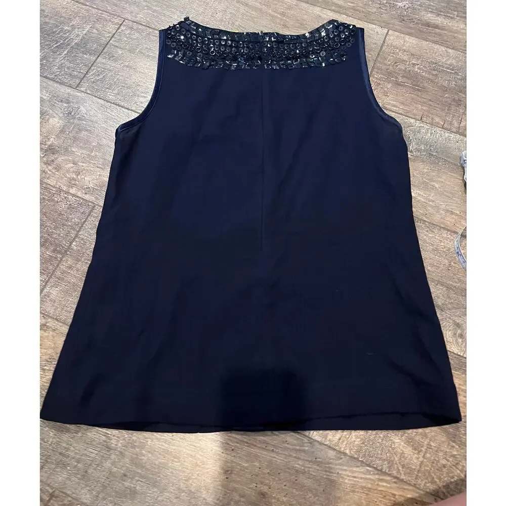 Tory Burch Navy Blue Silk Sleeveless Blouse Sequin Crystal Embellished Top